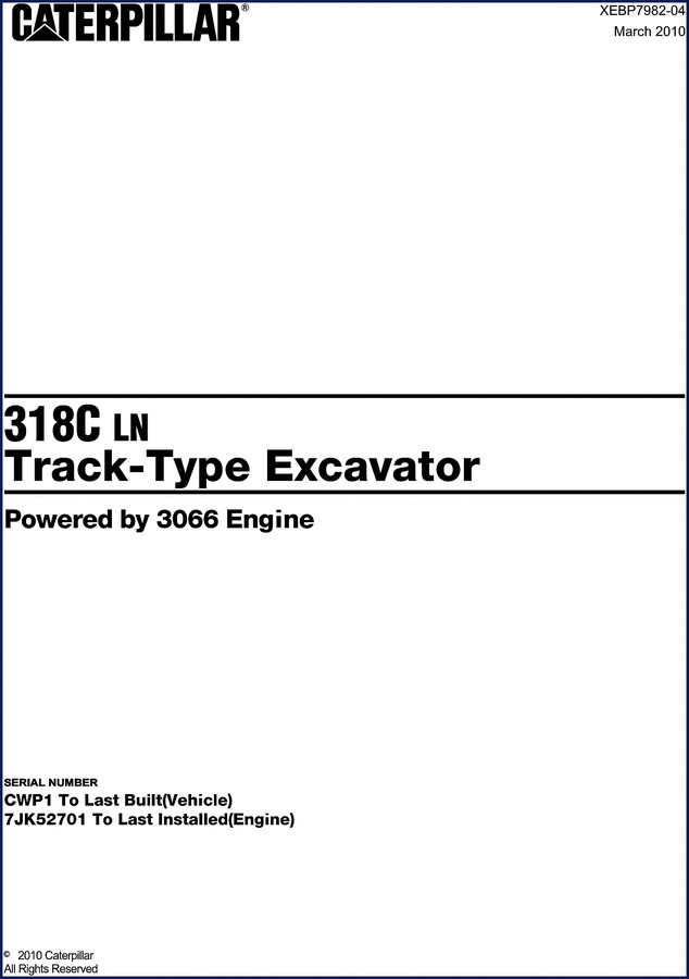 Caterpillar 318C 2010 Service Manual cover showing model view diagram of excavator components