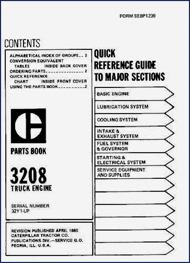 Caterpillar 3208 1980 Parts Catalog cover showing engine illustration and serial 32Y1-up
