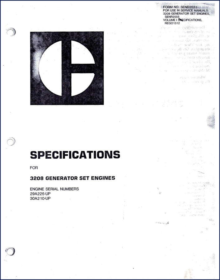 Caterpillar 3208 technical manual cover showing generator set engine specifications
