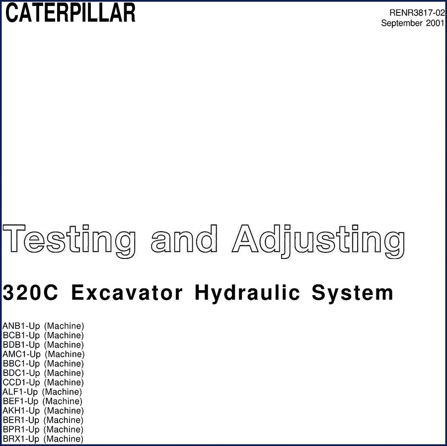 Caterpillar 320C 2001 Service Manual cover showing excavator hydraulic system testing procedures