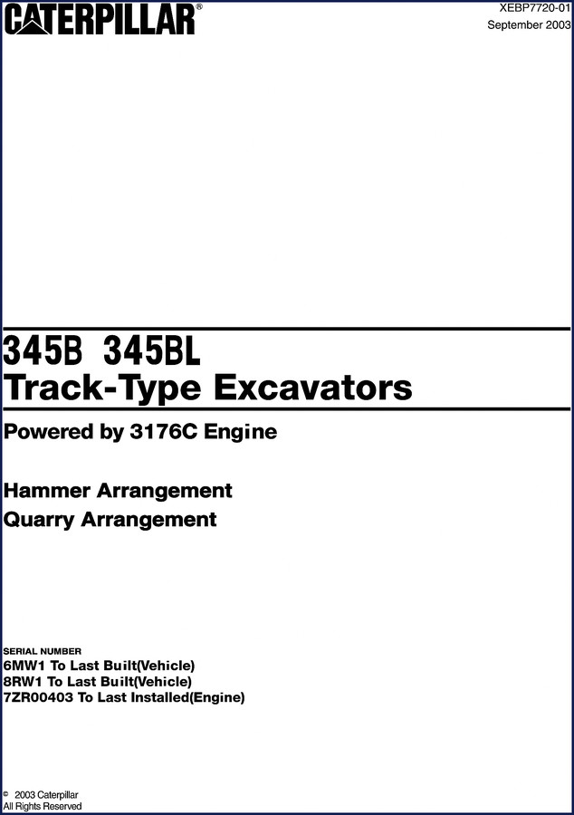 2003 Caterpillar 345BL Service Manual cover page showing excavator and part numbers