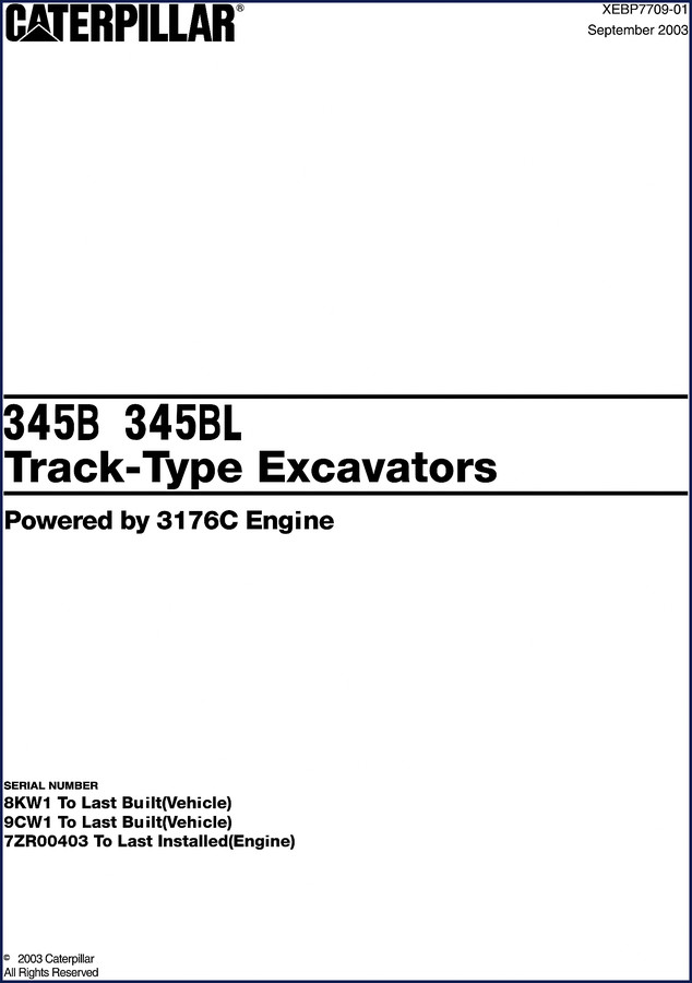 Caterpillar 345B 345BL 2003 Service Manual cover showing excavator