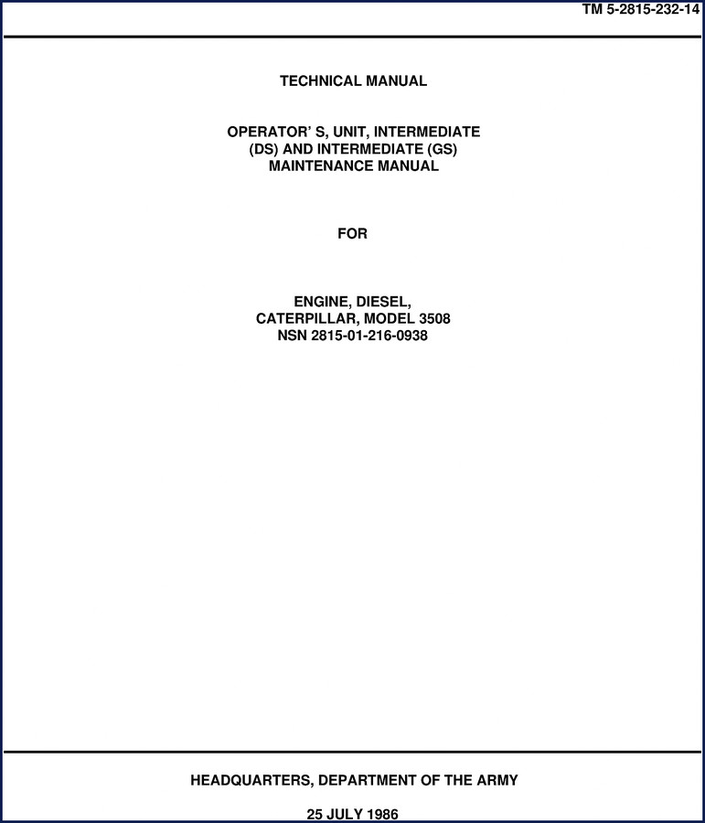 Caterpillar 3508 1986 Technical Manual cover - diesel engine service manual