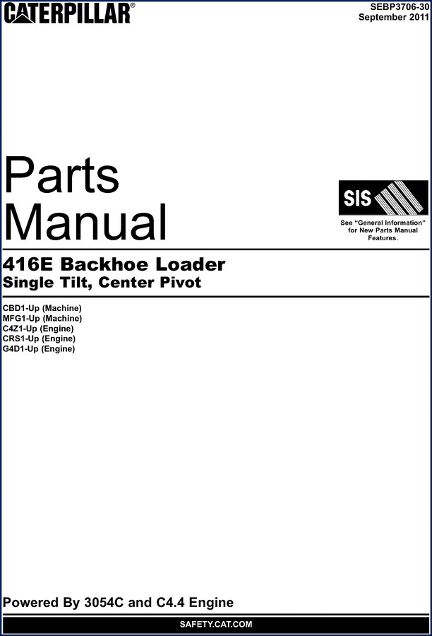 Caterpillar 416E 2011 Parts Catalog – OEM factory manual cover showing backhoe loader