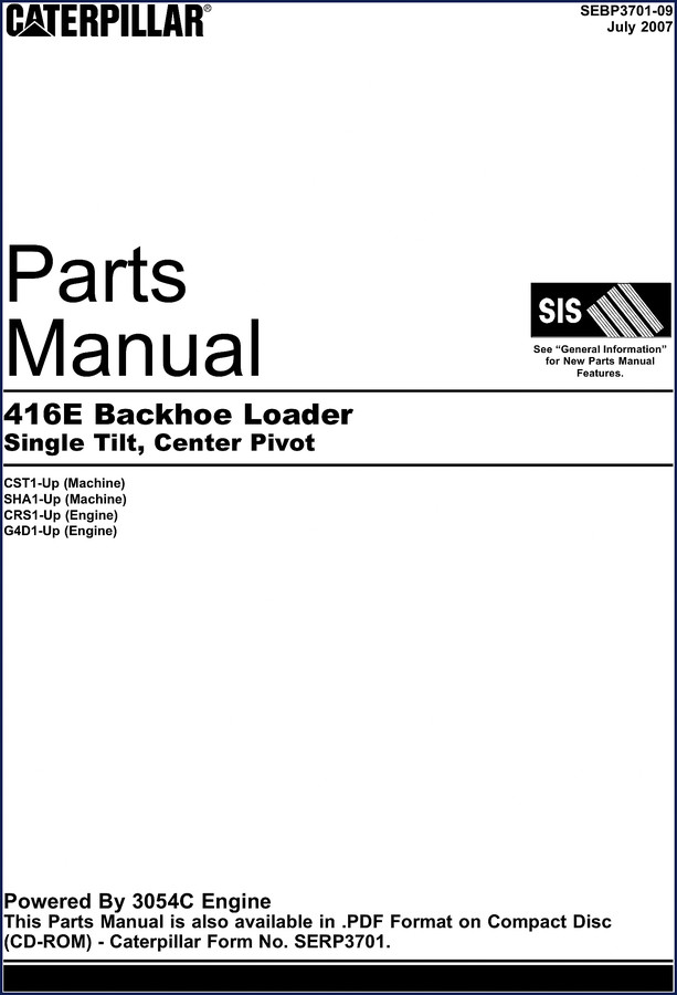 Caterpillar 416E 2007 Parts Catalog cover showing backhoe loader and document number SEBP3701-09