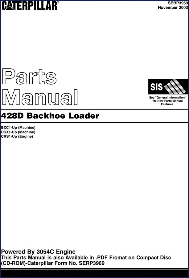 Caterpillar 428D 2003 Factory Parts Catalog cover – OEM 992-page manual for backhoe loader
