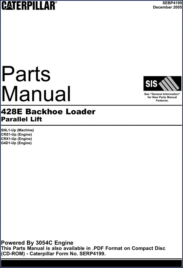 Caterpillar 428E 2005 Parts Catalog cover showing backhoe loader