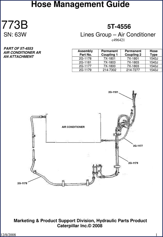 Caterpillar 773B 2008 OEM Parts Catalog cover page showing 21 pages of factory hose and coupling data