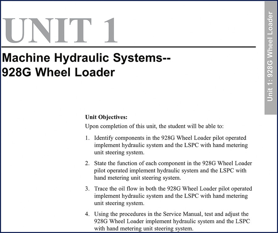 Caterpillar 928G training manual cover showing wheel loader hydraulic system layout