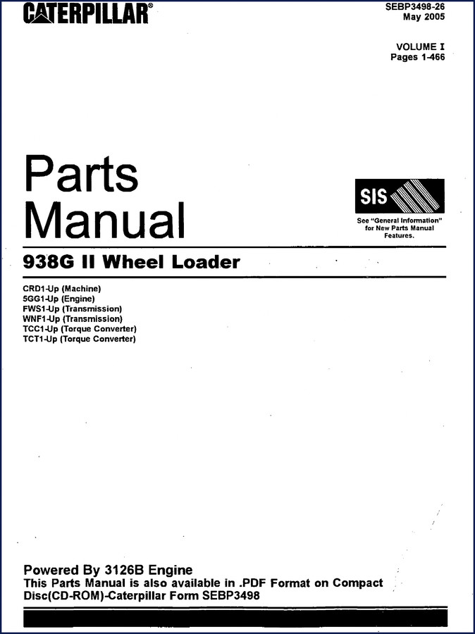 Caterpillar 938G II 2005 Factory Parts Catalog cover showing wheel loader and volume designation