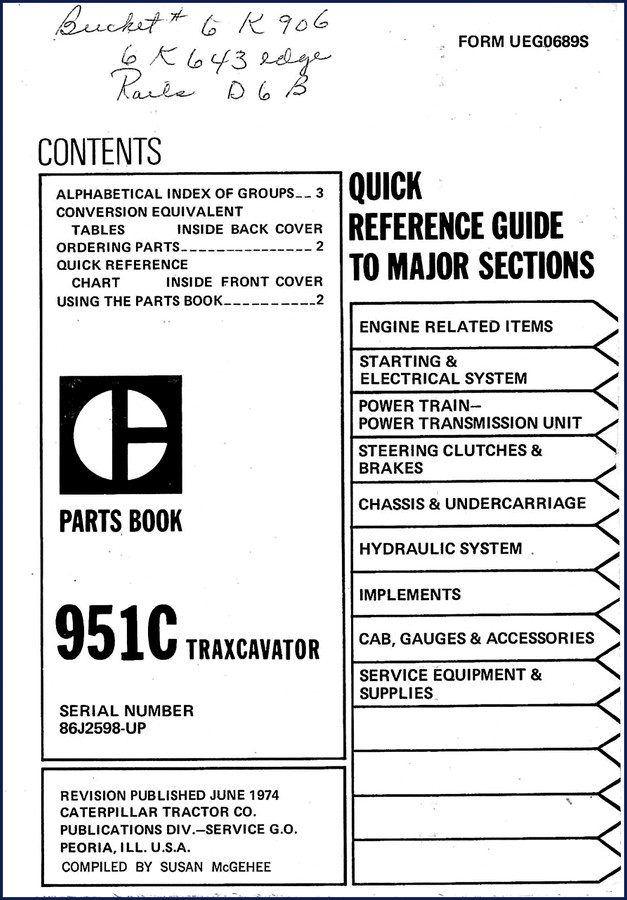 Caterpillar 951C 1974 Parts Catalog cover with orange and black cover