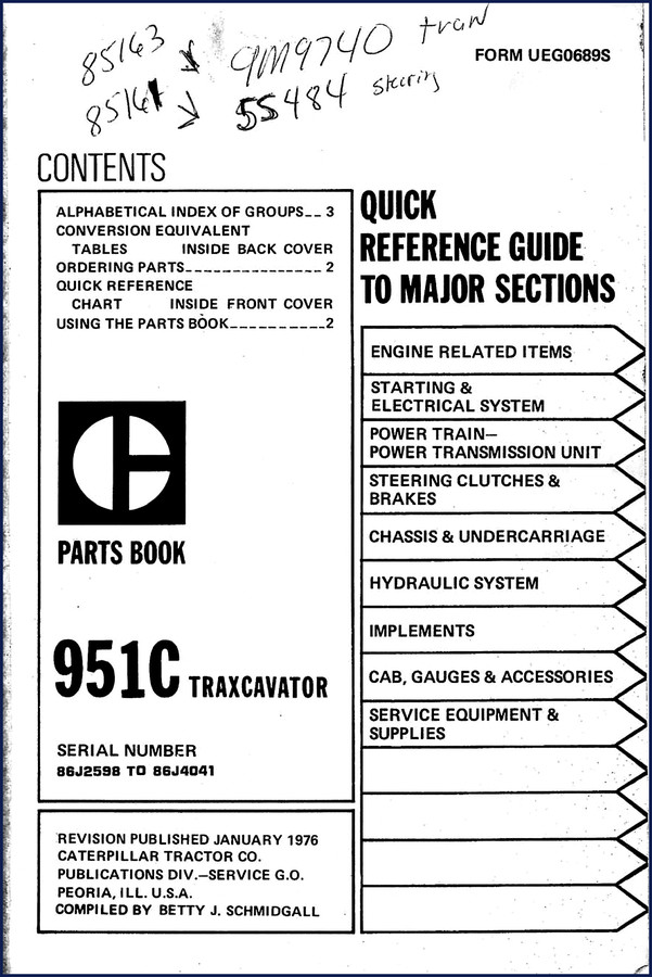 Caterpillar 951C 1976 Parts Catalog cover – factory OEM manual