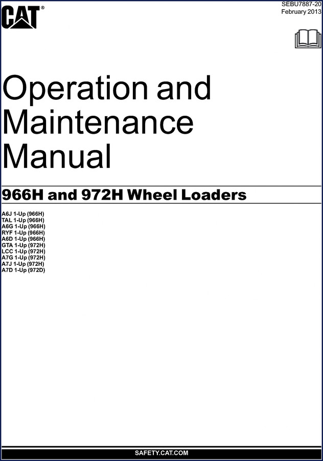 Caterpillar 966H 2013 service manual cover showing wheel loader and safety information