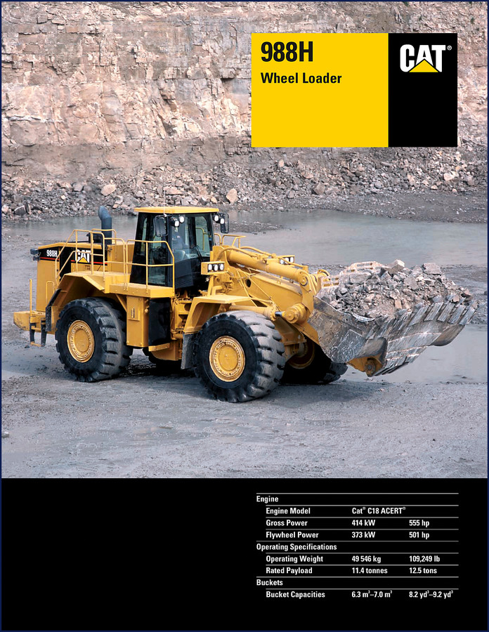 Caterpillar 988H technical manual cover showing wheel loader specifications and engine details