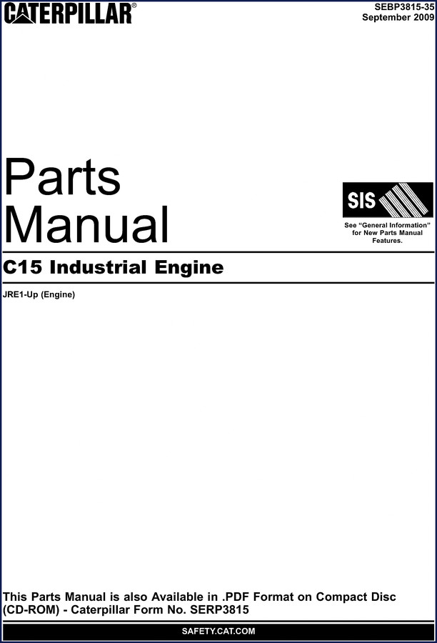 2009 Caterpillar C15 Industrial Engine Parts Catalog cover page showing factory manual number SEBP3815-35