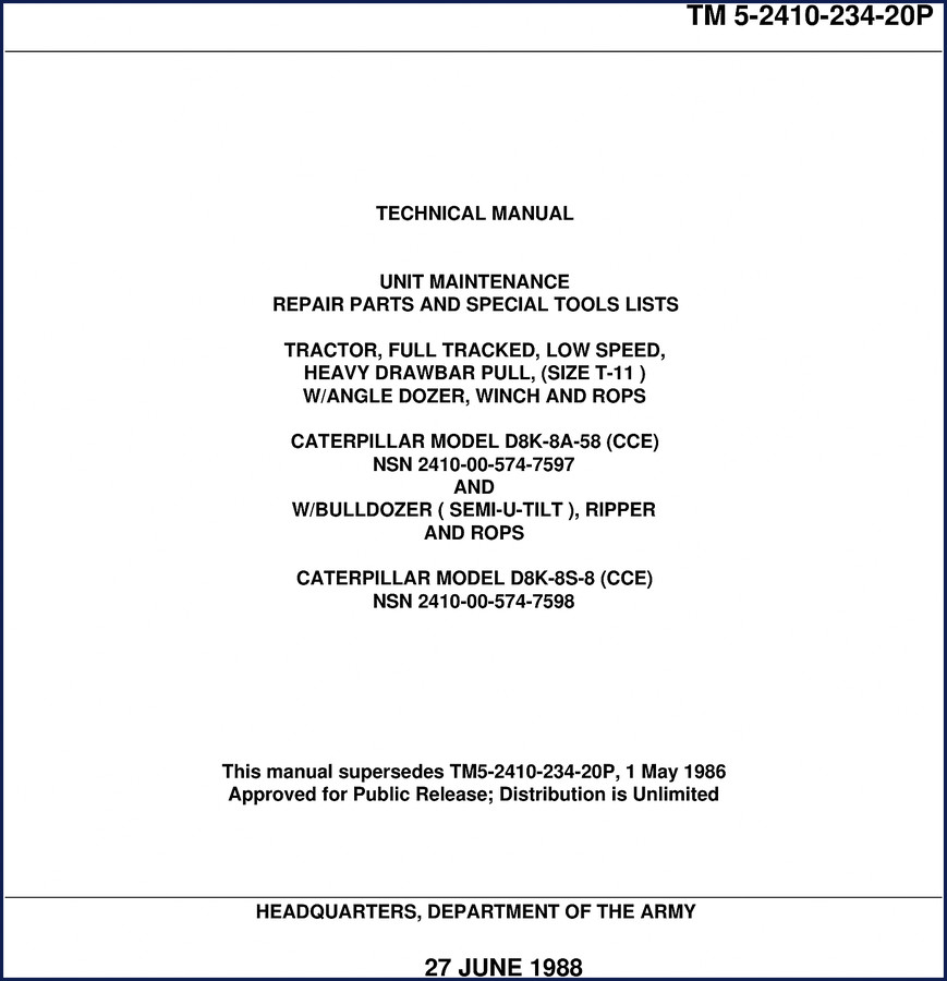 Caterpillar D8K-8S-8 1988 Technical Manual repair parts list cover