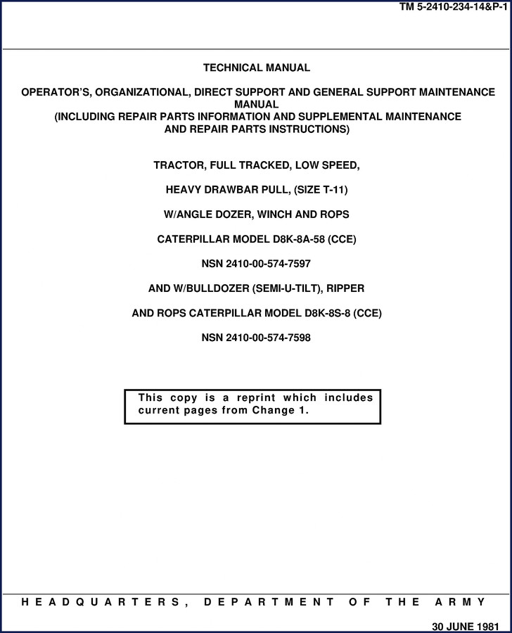 Caterpillar D8K-8S-8 1981 Technical Manual cover showing US Army TM number and tractor illustration