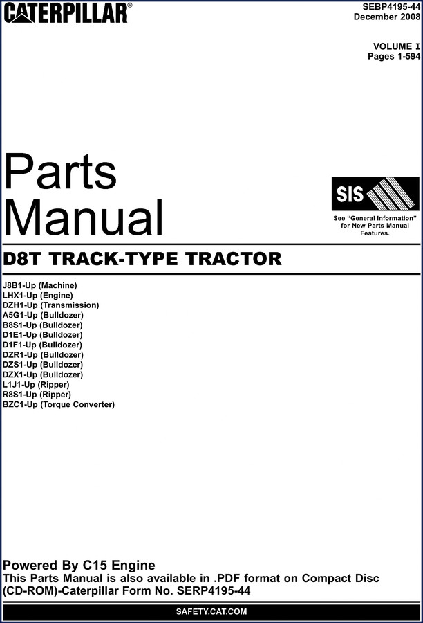Caterpillar D8T 2008 Parts Catalog – OEM factory manual cover showing D8T track-type tractor and C15 engine