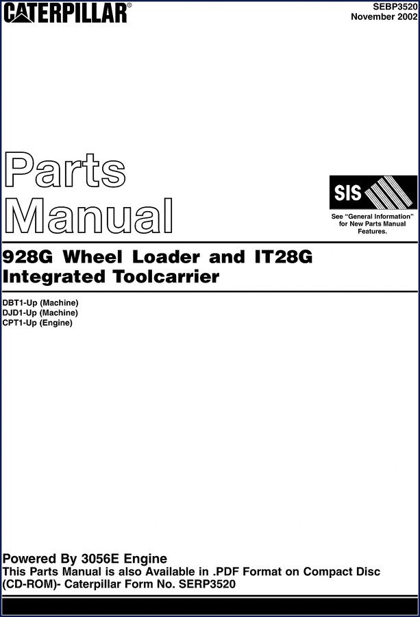 Caterpillar 928G and IT28G 2002 OEM Parts Catalog cover showing wheel loader and toolcarrier