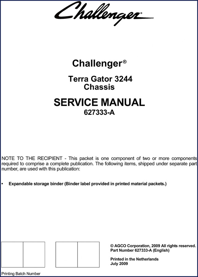 Challenger Terra Gator 3244 2009 Service Manual cover showing chassis and cab