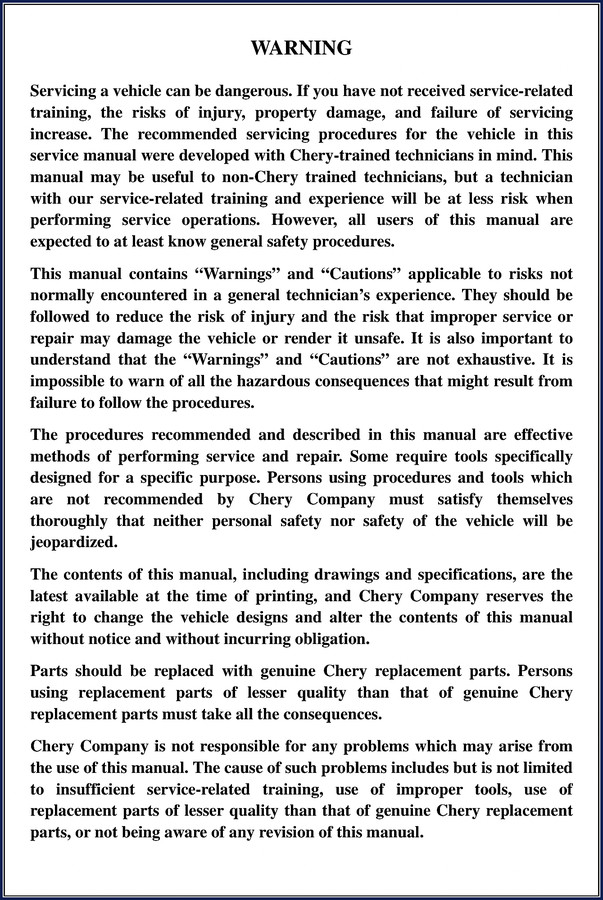 Chery A series Service Manual cover and foreword page showing warning and contents