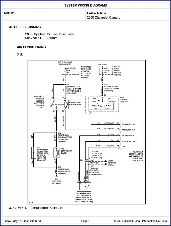 2001 Chevrolet Camaro System Wiring Diagrams - 56 pages factory electrical schematic