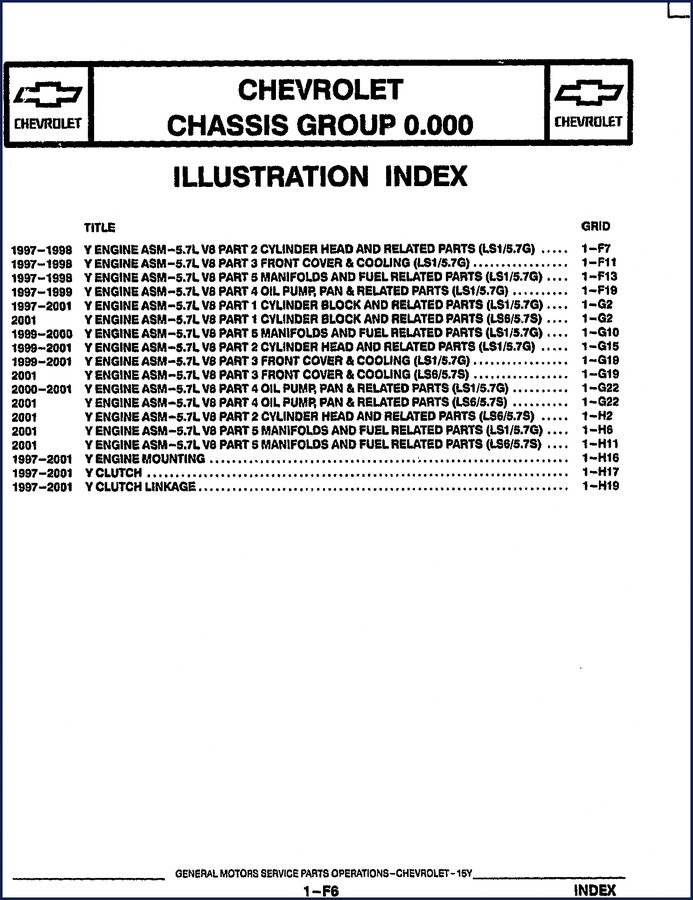 Chevrolet Y Parts Catalog 1997-2001 – OEM factory manual cover showing Chevrolet logo and parts breakdown illustration