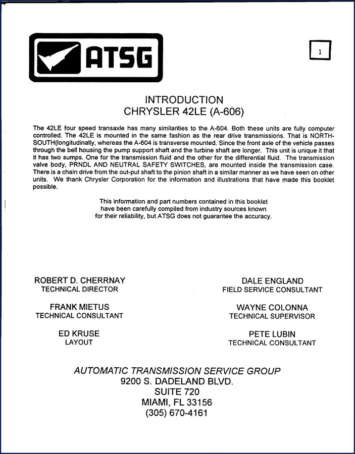 Chrysler 42LE ATSG Technical Manual cover page showing transaxle diagram