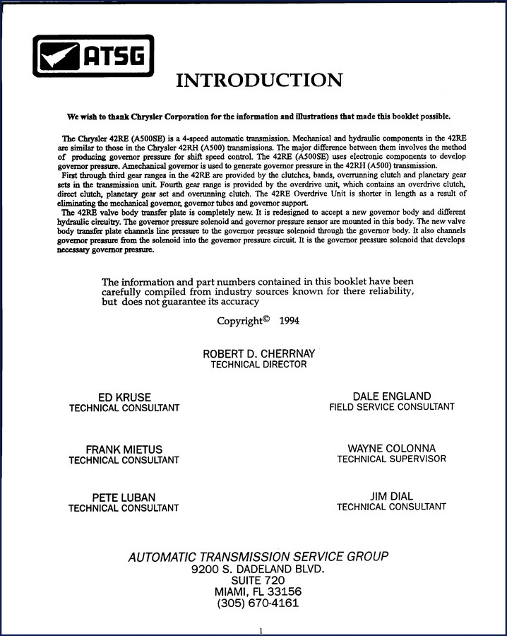 Chrysler 42RE A500SE 1994 Technical Manual cover