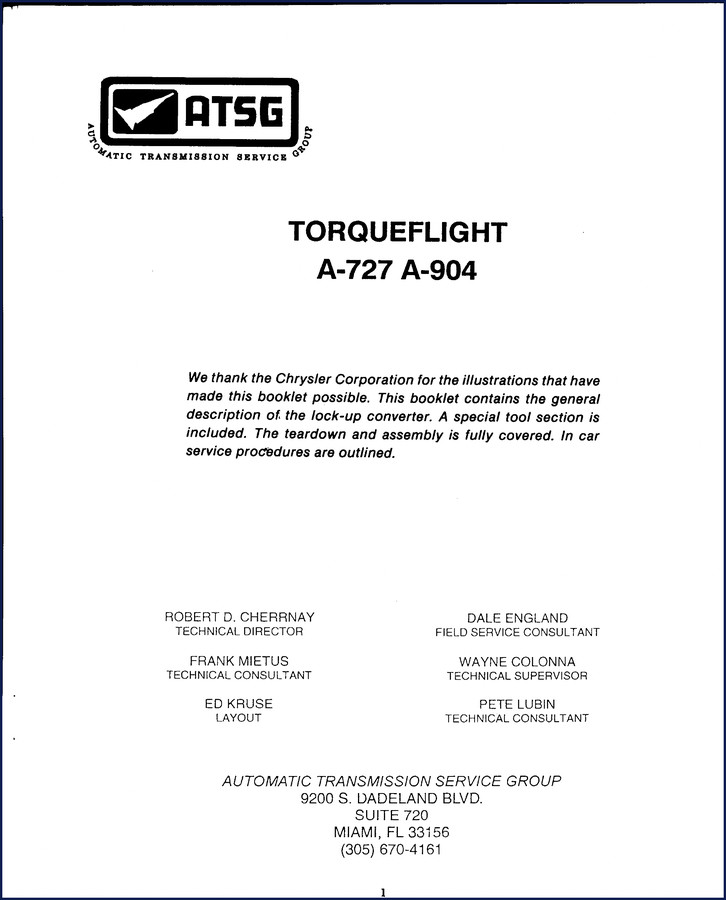 Chrysler A-727 A-904 Torqueflite service manual cover