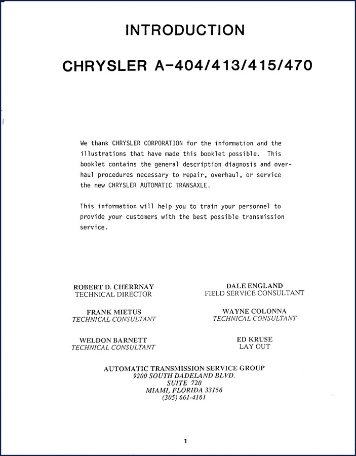 Chrysler A404 A413 A415 A470 transmission service manual cover showing torque converter and differential sections