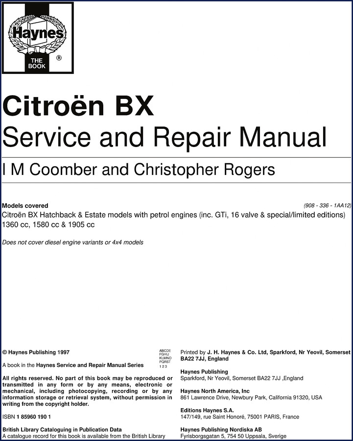 1997 Citroën BX Repair Manual – 308 pages, Haynes factory spec document