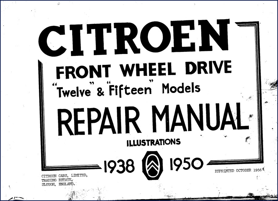 1956 Citroen Twelve Fifteen repair manual cover showing front-wheel drive illustration
