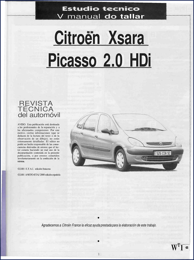 Citroën Xsara Picasso 2000 Technical Manual cover page showing 2.0 HDi engine diagram