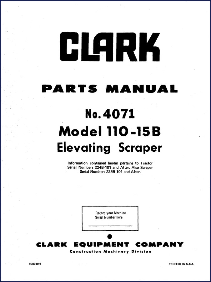 Clark-hurth 110-15B Elevating Scraper Parts Catalog cover - OEM factory manual 212 pages