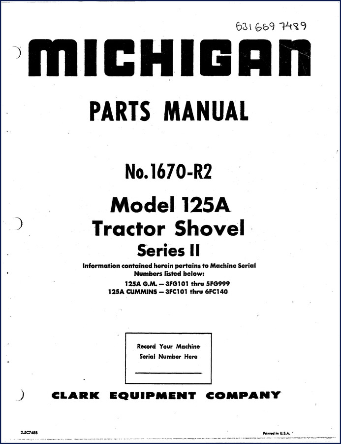 Clark-hurth 125A Tractor Shovel Series II Parts Catalog cover page showing machine illustration and OEM logo