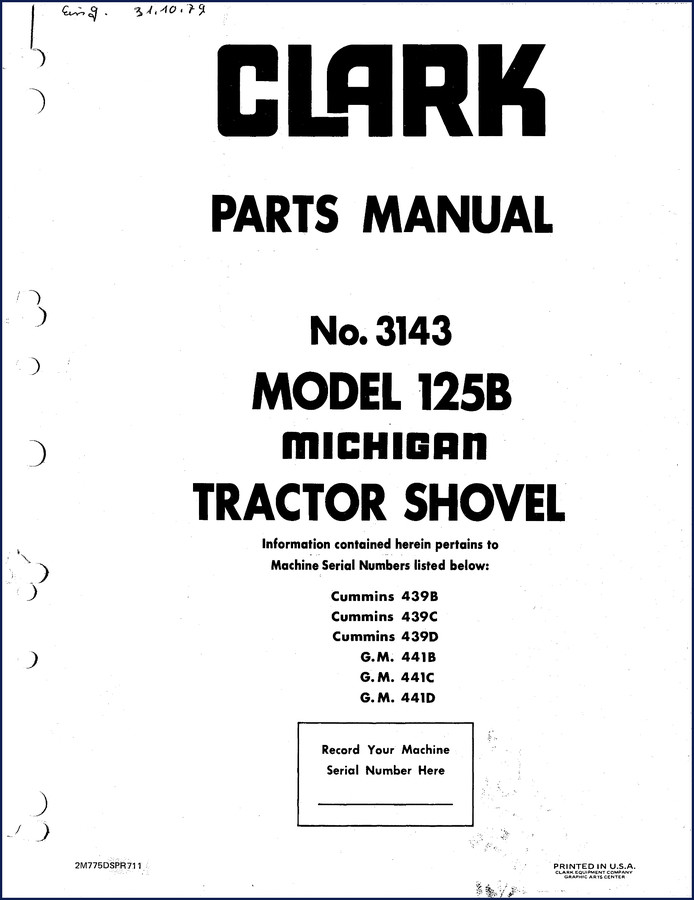 Clark-hurth 125B 1977 factory parts catalog cover - OEM manual for Michigan tractor shovel