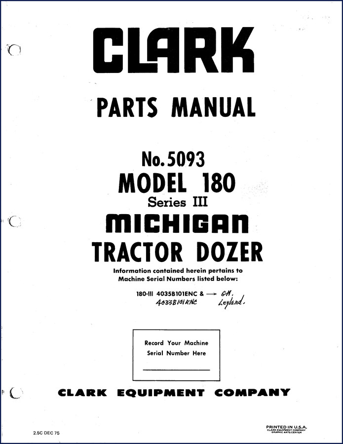 Clark-hurth 180 III 1966 Parts Catalog cover showing Michigan Tractor Dozer model identification