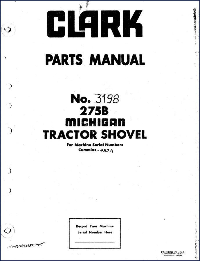 Clark-hurth 275B Parts Catalog cover – OEM factory document for tractor shovel serial numbers Cummins 482A
