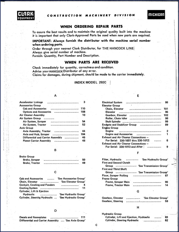 Clark-hurth 292C Parts Catalog cover – 119 pages OEM factory parts manual