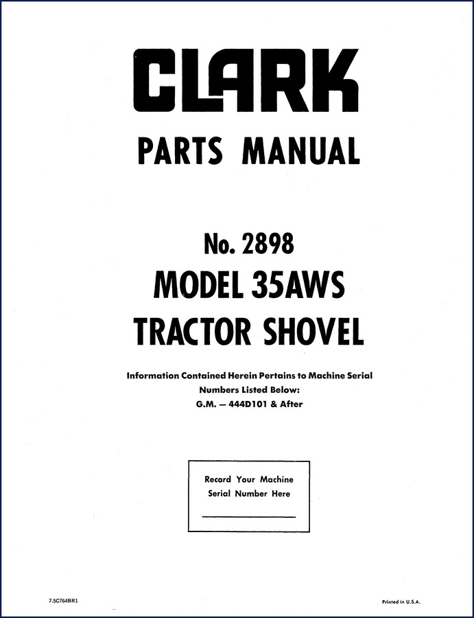 Clark-hurth 35AWS Parts Manual No. 2898 cover with tractor shovel diagram and part groups