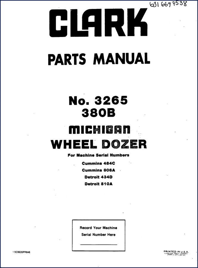 Clark-hurth 380B Parts Catalog – 341 page factory manual for 380B Michigan tractor dozer