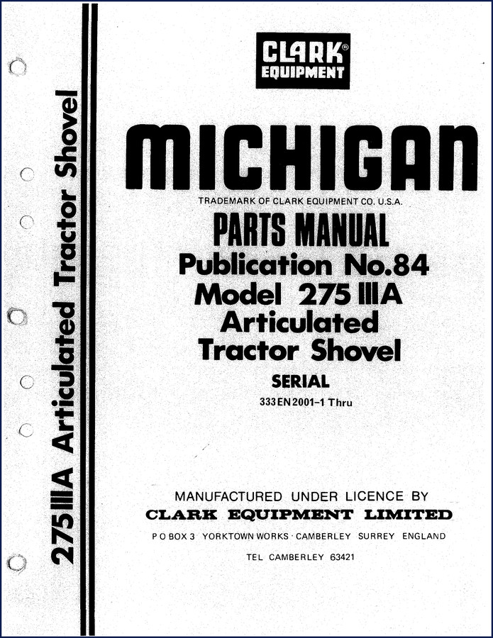 Clark Equipment 275 IIIA Tractor Shovel Parts Manual cover 1977