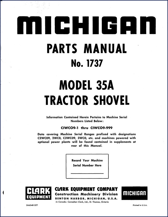 Clark Equipment 35A Parts Catalog – OEM factory manual cover for Michigan Model 35A Tractor Shovel