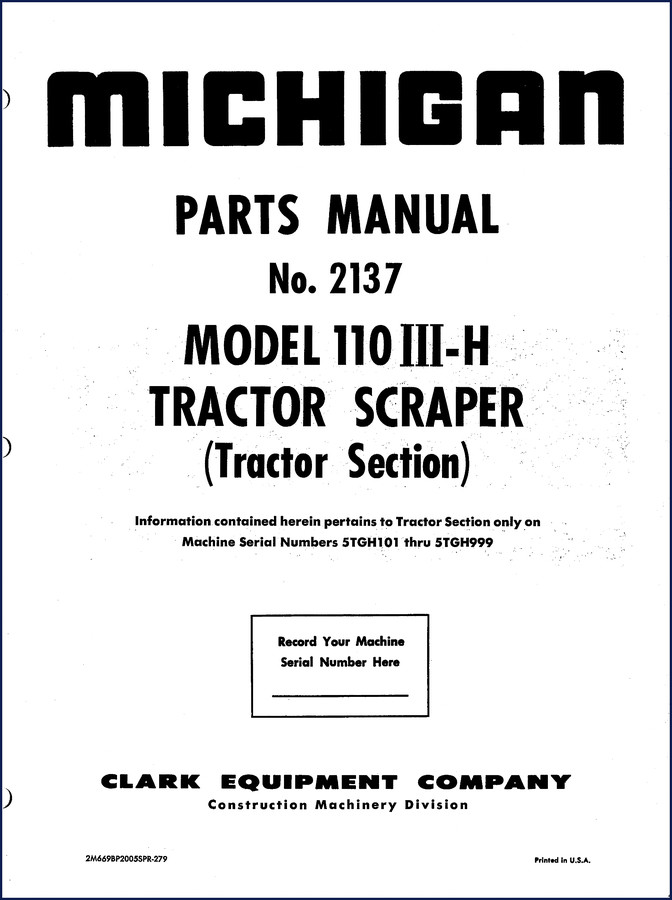 Clark Equipment 110III-H Tractor Scraper Parts Catalog cover – OEM factory manual