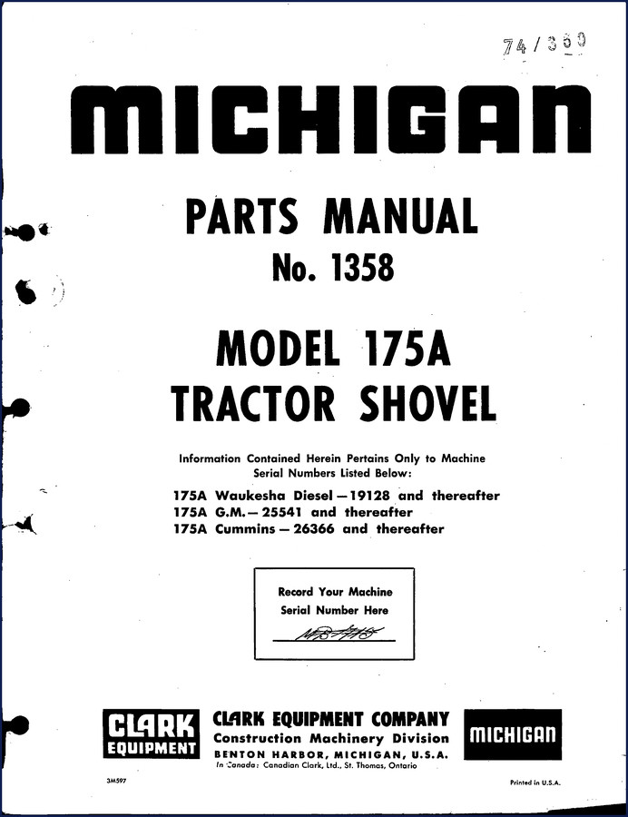 Clark Equipment 175A Parts Catalog – OEM factory manual cover showing Michigan tractor shovel model