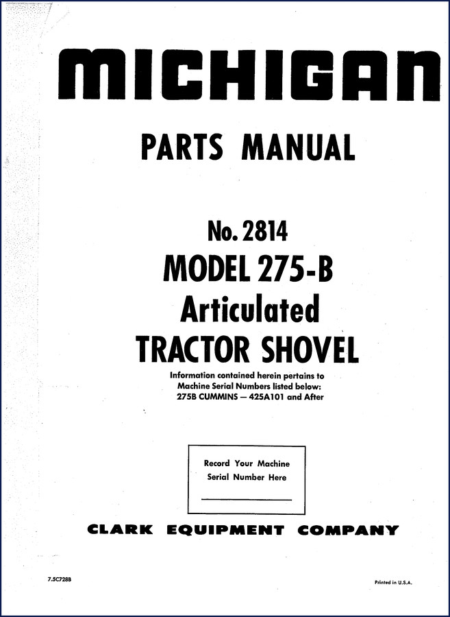 Clark Equipment 275-B Parts Catalog cover – 221-page OEM factory manual for articulated tractor shovel