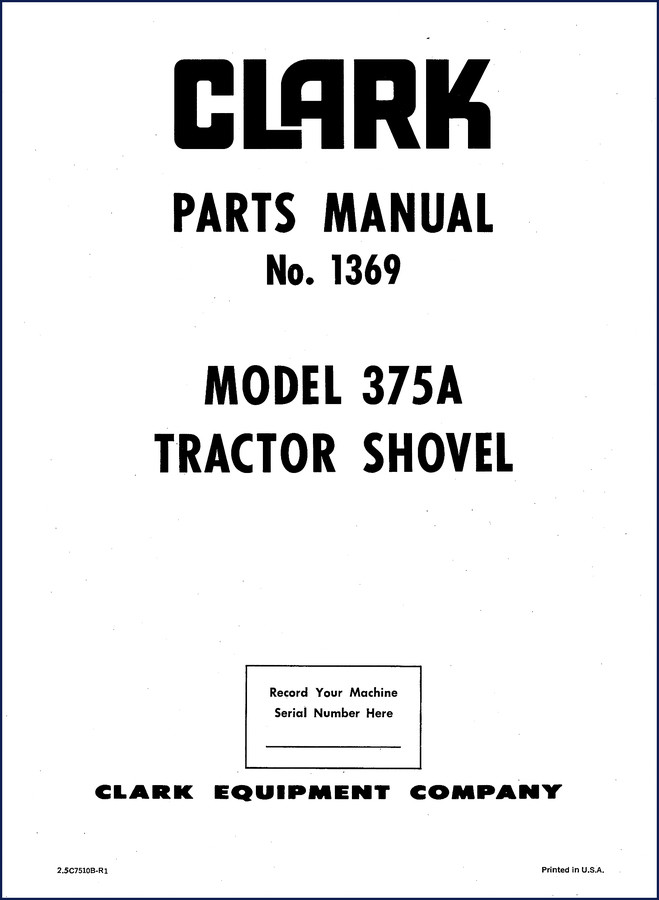Clark Equipment 375A Parts Catalog page showing tractor shovel components and exploded views