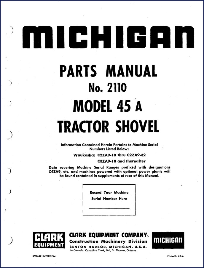 Clark Equipment 45A tractor shovel parts catalog cover, OEM factory document