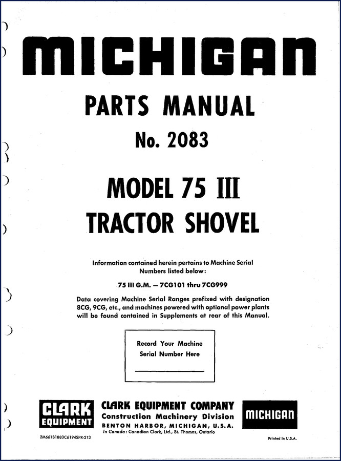 Clark Equipment 75 III Tractor Shovel Parts Catalog cover - OEM factory manual
